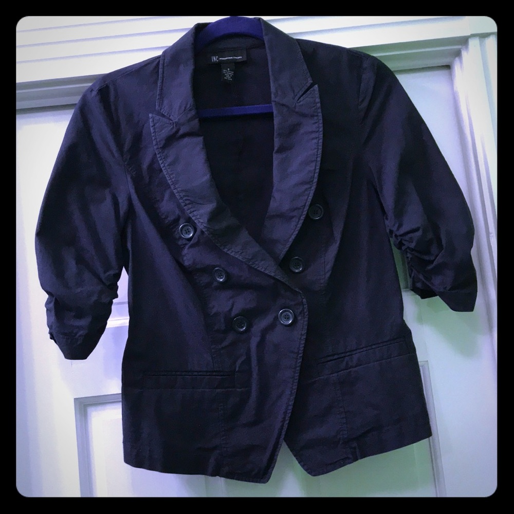 INC Navy Cotton 3/4 Ruched Sleeve Jacket EUC S
